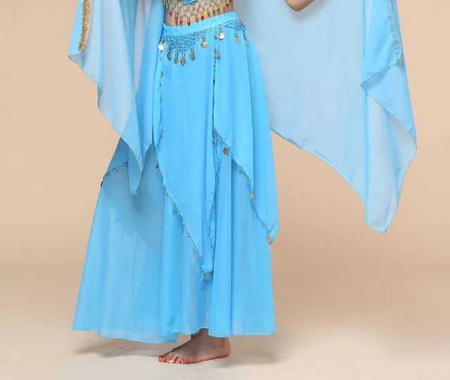 Belly Dance Hanging Coin Skirt Chiffon Big Hem Dress Lake Blue - Shop at LoveMi