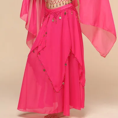 Belly Dance Hanging Coin Skirt Chiffon Big Hem Dress Rose Red - Shop at LoveMi