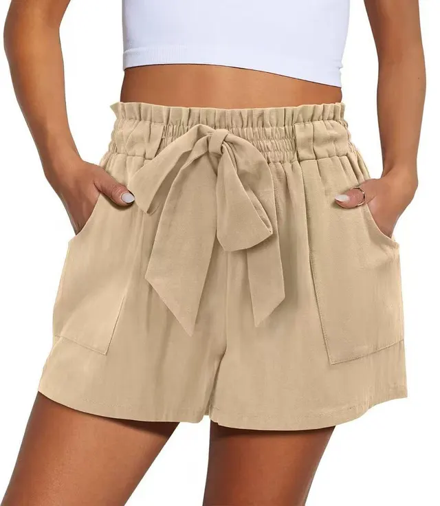 Summer New Elastic Waist Drawstring Knotted Short Solid Color Casual Women Apricot - Shop at LoveMi