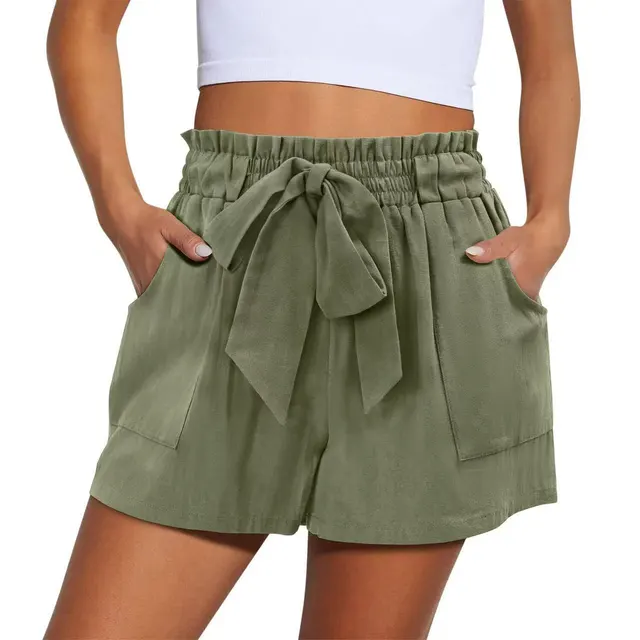 Summer New Elastic Waist Drawstring Knotted Short Solid Color Casual Women Army Green - Shop at LoveMi