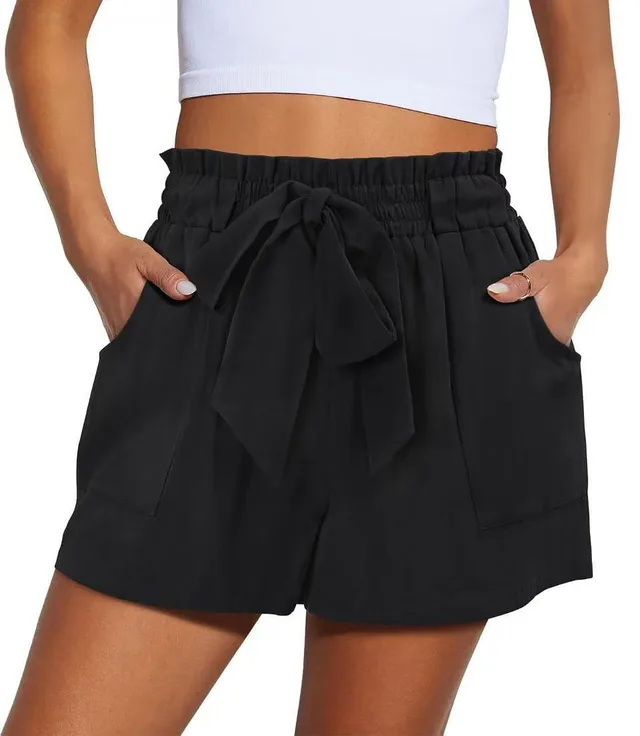 Summer New Elastic Waist Drawstring Knotted Short Solid Color Casual Women Black - Shop at LoveMi