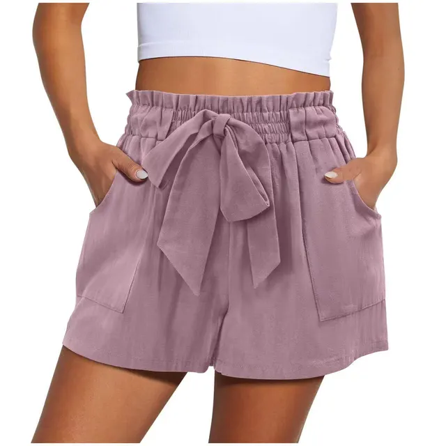 Summer New Elastic Waist Drawstring Knotted Short Solid Color Casual Women Light Purple - Shop at LoveMi
