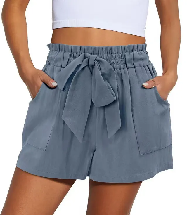 Summer New Elastic Waist Drawstring Knotted Short Solid Color Casual Women Sea Blue - Shop at LoveMi