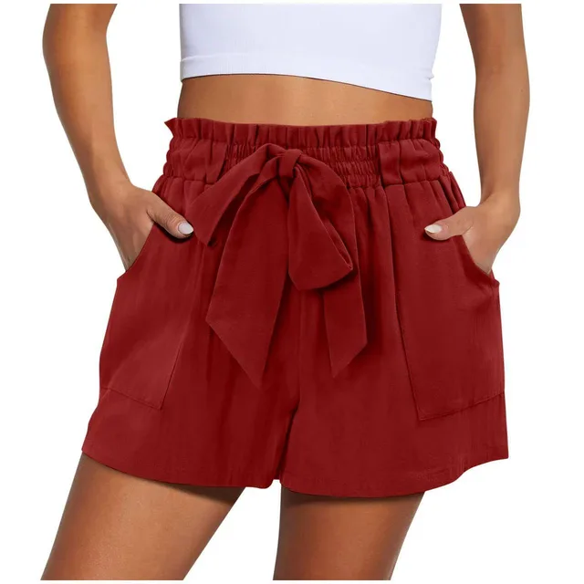 Summer New Elastic Waist Drawstring Knotted Short Solid Color Casual Women Wine Red - Shop at LoveMi