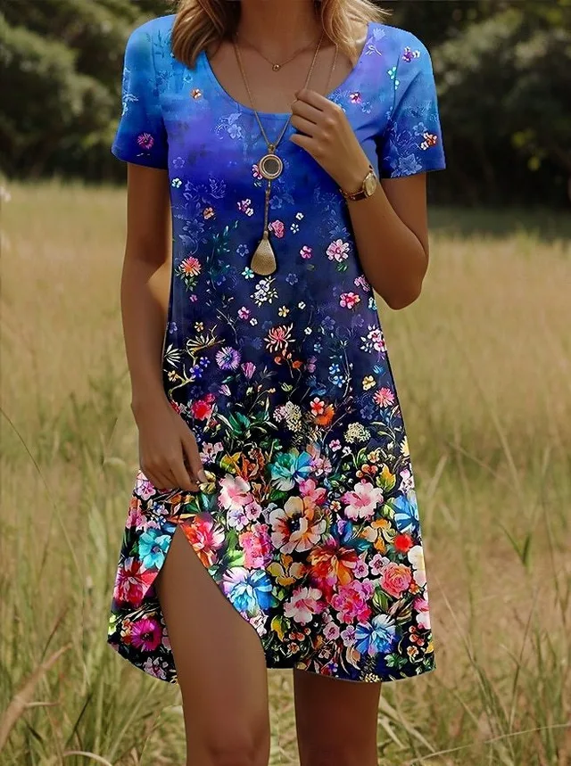 Printing Element Round Neck Short Sleeve Dress No8 Flower Xl - Shop at LoveMi