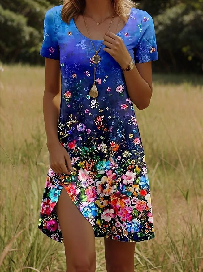 Printing Element Round Neck Short Sleeve Dress - No8 Flower-Xl