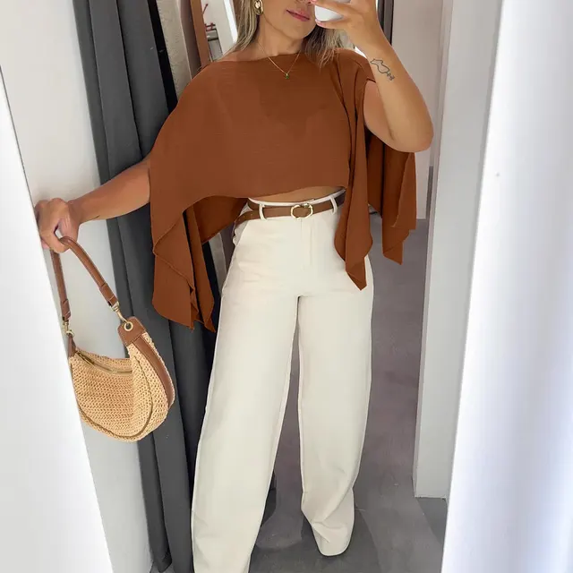 Solid Color Off shoulder Design More Than Split Sleeve Tops Brown - Shop at LoveMi