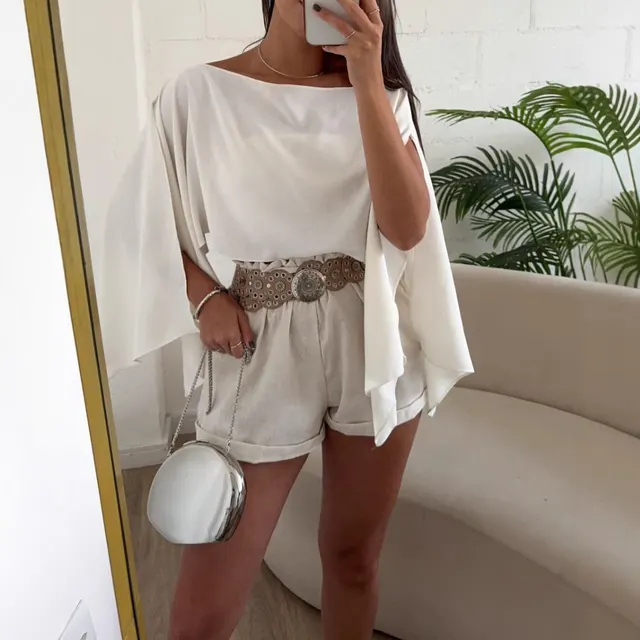 Solid Color Off shoulder Design More Than Split Sleeve Tops White - Shop at LoveMi