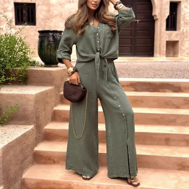Women's Long Hem Breasted Solid Color Long Sleeve Cotton And Linen Suit Dark Green - Shop at LoveMi