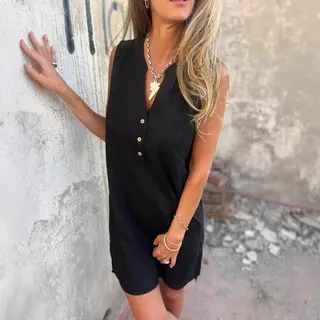 Fashion Casual Cotton Linen Solid Color Buttons Pocket Deep V-neck Dress - Black