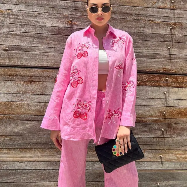 European And American Women's Clothing New Embroidered Shirt Casual Suit Pink - Shop at LoveMi