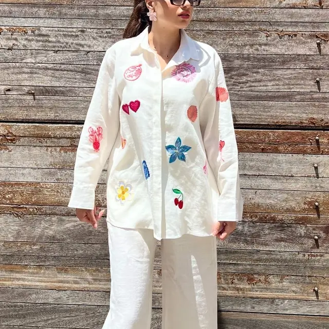 European And American Women's Clothing New Embroidered Shirt Casual Suit White 1 - Shop at LoveMi