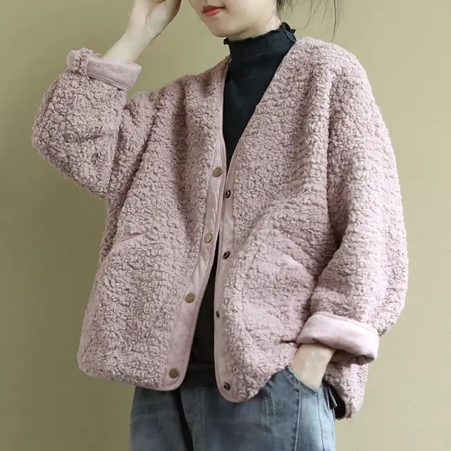 Plus Size Loose Artistic Long Sleeve Women's Short Winter Coat Pink - Shop at LoveMi