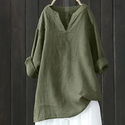 Loose Plus sized Comfortable Solid Color Pullover Cotton And Linen Top For Women Army Green - Shop at LoveMi