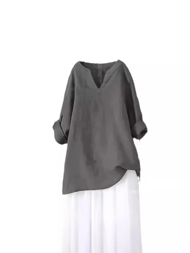 Loose Plus sized Comfortable Solid Color Pullover Cotton And Linen Top For Women Gray - Shop at LoveMi