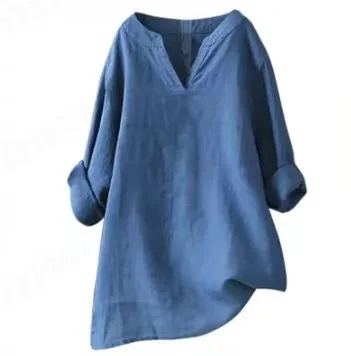 Loose Plus sized Comfortable Solid Color Pullover Cotton And Linen Top For Women Sapphire Blue - Shop at LoveMi
