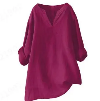 Loose Plus sized Comfortable Solid Color Pullover Cotton And Linen Top For Women Wine Red - Shop at LoveMi