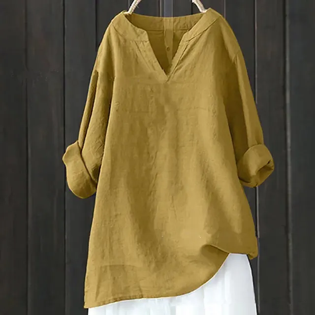 Loose Plus sized Comfortable Solid Color Pullover Cotton And Linen Top For Women Yellow - Shop at LoveMi