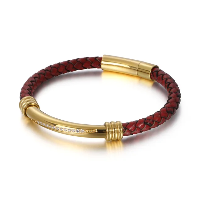 Men's Geometric Elbow Stainless Steel Diamond Leather Woven Bracelet Red Leather Gold - Shop at LoveMi