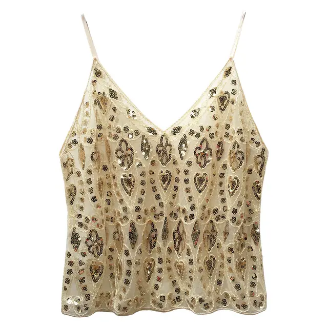 Heavy Embroidery Sequins Vest Shiny Small Sling Apricot Gold - Shop at LoveMi