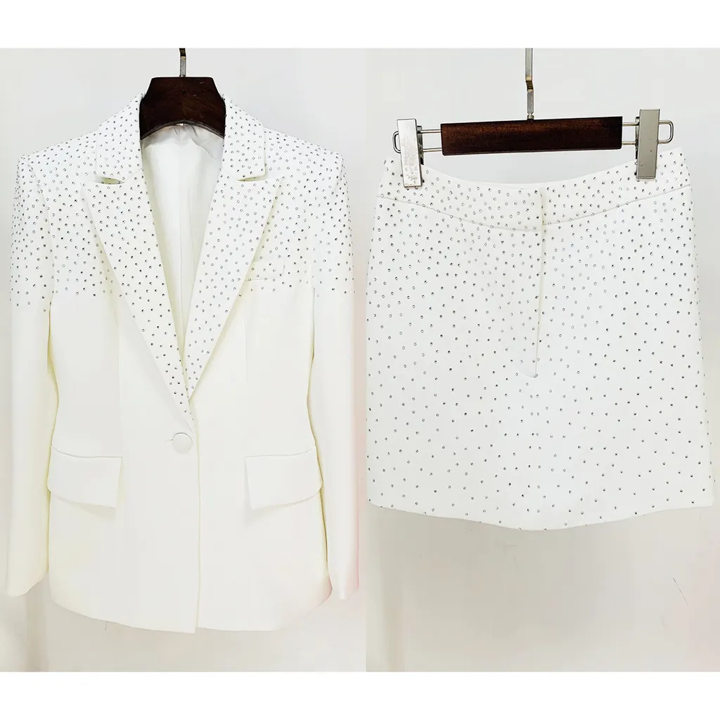 Rhinestone Slim Fit One Button Suit Coat Skirt Suit - White Suit