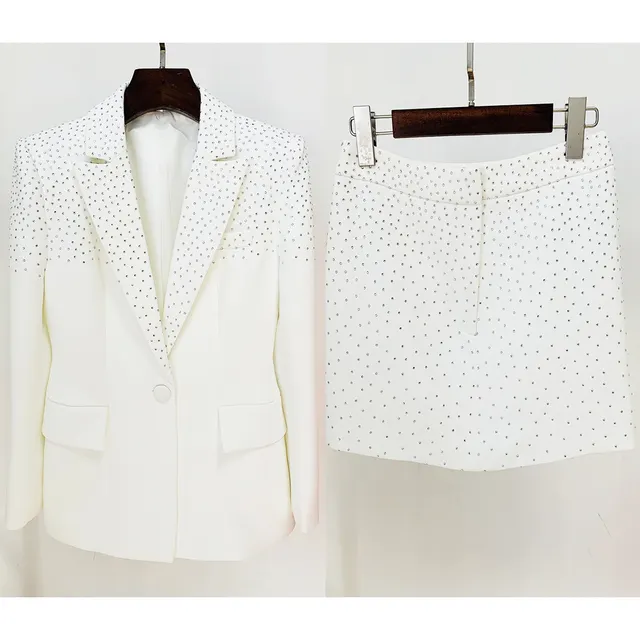 Rhinestone Slim Fit One Button Suit Coat Skirt Suit White Suit - Shop at LoveMi