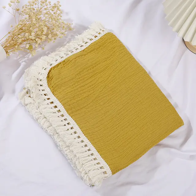 Baby Pure Cotton Gauze Bath Towel Wrapped Towel Double layer Crepe Hug Blanket Ginger Yellow - Shop at LoveMi