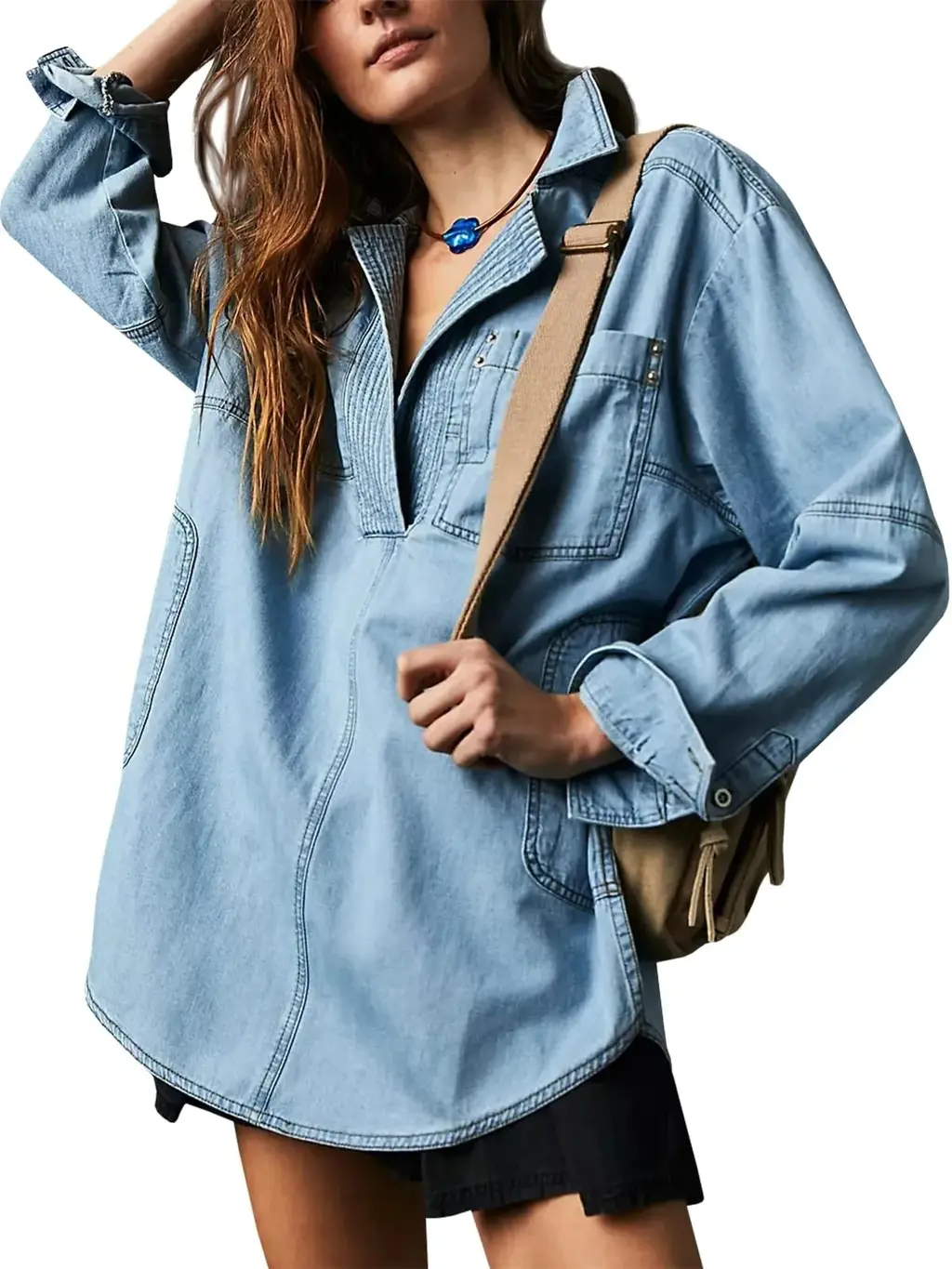Lapel Casual Slimming Shirt Denim Coat - Blue