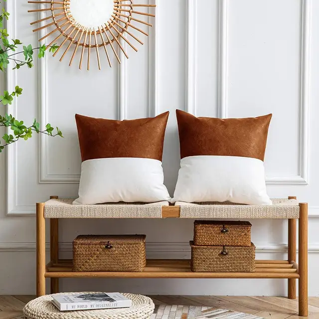 PU Stitching Cotton Canvas Double Stitching Leather Sofa Cushion Cover Brown 2Pcs - Shop at LoveMi
