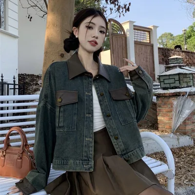 American Stitching Denim Women's Retro Loose Short Design Jacket Picture Color L - Shop at LoveMi