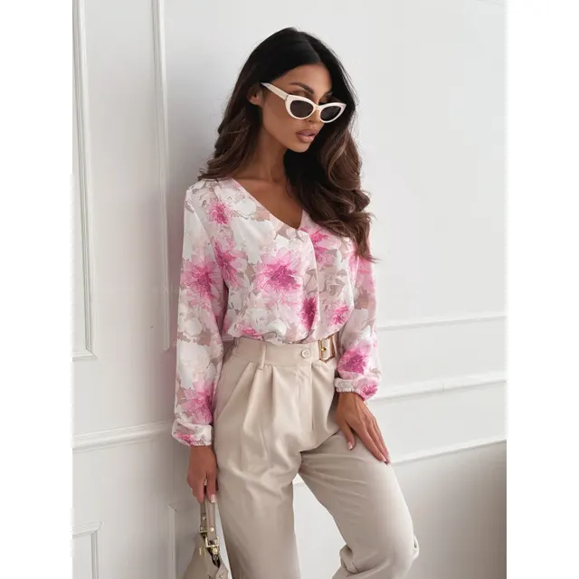 Women's All match Long sleeved V neck Printed Shirt Red Flower - Shop at LoveMi
