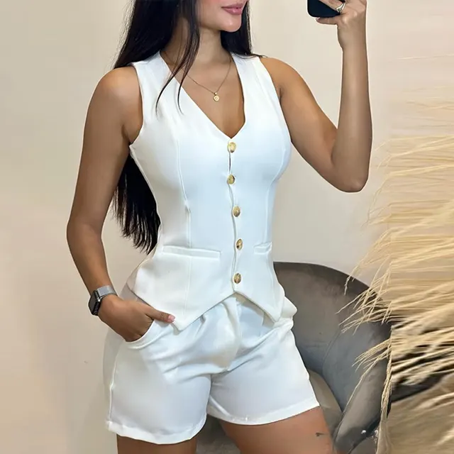 White Sleeveless Slim Fit Vest Shorts Suit White - Shop at LoveMi