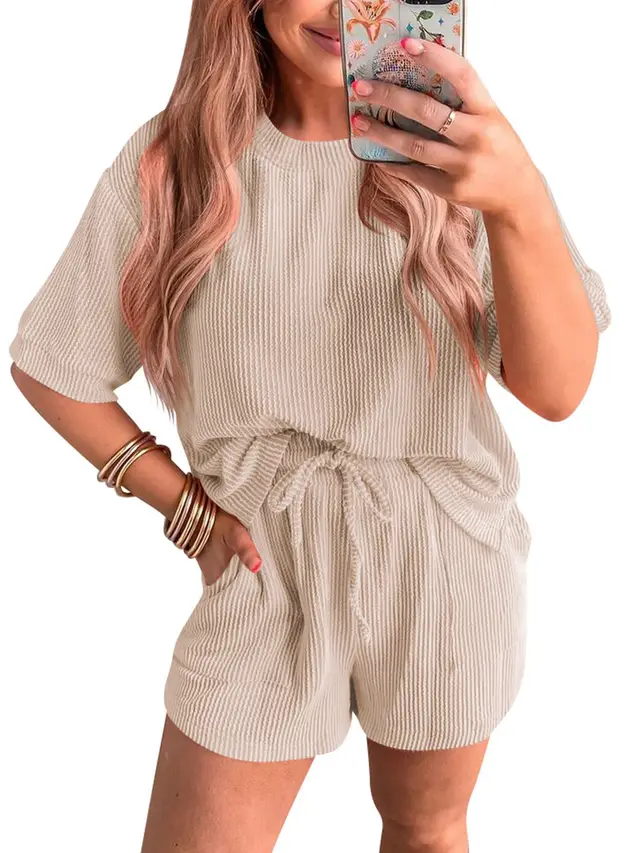 Short sleeved Wavy Round Neck Top Elastic Waist Shorts Two piece Set Apricot - Shop at LoveMi