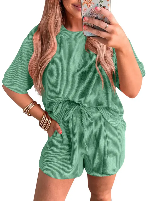 Short sleeved Wavy Round Neck Top Elastic Waist Shorts Two piece Set Green - Shop at LoveMi