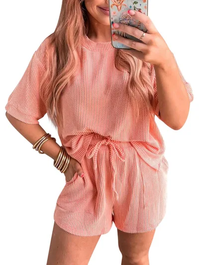 Short sleeved Wavy Round Neck Top Elastic Waist Shorts Two piece Set Orange Red - Shop at LoveMi