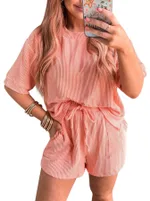 Short-sleeved Wavy Round Neck Top Elastic Waist Shorts Two-piece Set - Orange Red - View 1