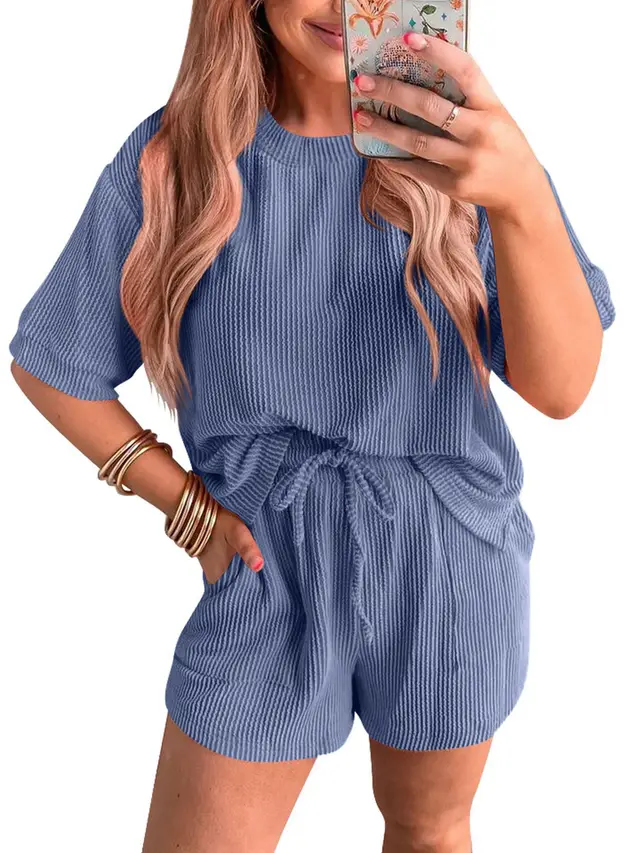 Short sleeved Wavy Round Neck Top Elastic Waist Shorts Two piece Set Sapphire Blue - Shop at LoveMi