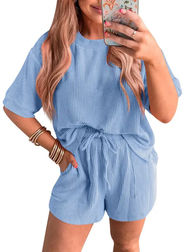 Short sleeved Wavy Round Neck Top Elastic Waist Shorts Two piece Set Sky Blue - Shop at LoveMi