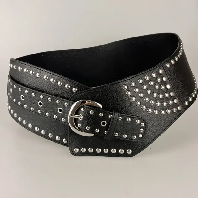 Asymmetric Belt Rivet Sewing Leather Wide Waist Seal Black Rivet Air Hole - Shop at LoveMi