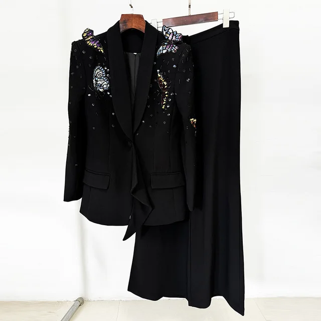 Women's Three dimensional Butterfly Beads Rhinestones Suit Black - Shop at LoveMi