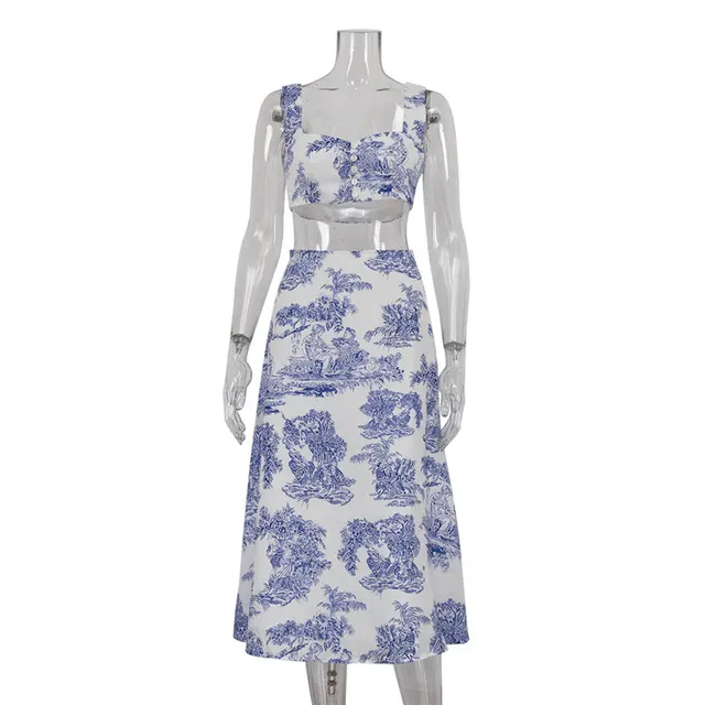 Tank Top Hip Wrap Half Skirt Fashionable And Stylish Two piece Set Blue - Shop at LoveMi