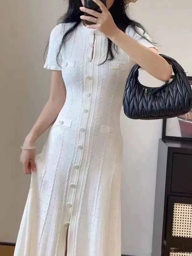 French Style Temperament Ladies Short Sleeve Wooden Ear Hollow Thread Single breasted Knitted Dress White - Shop at LoveMi