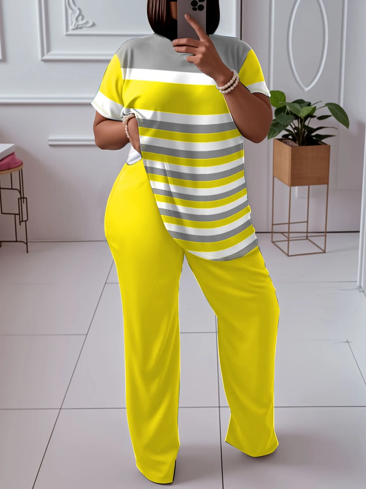 Contrast Color Striped Short Sleeve With Wine Red Wide Leg Pants Fashion Suit - Tz00573 Color - View 1