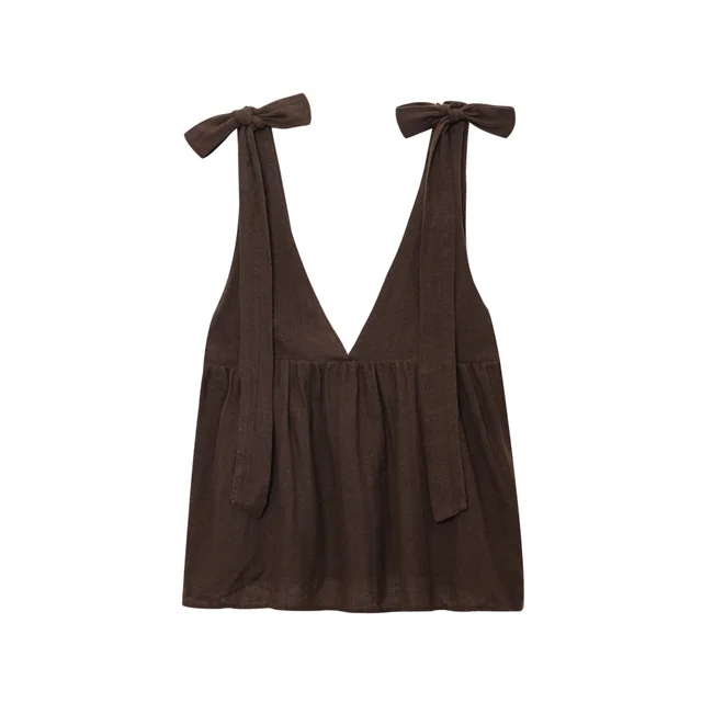 Bowknot Decoration Sling Top Short Casual Pants Suit Brown Top - Shop at LoveMi