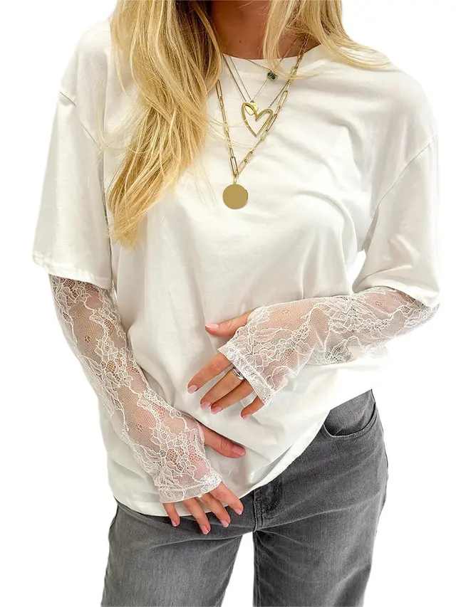 Women's Round Neck T shirt Lace Casual Shirt White - Shop at LoveMi