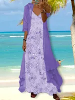 Holiday Floral Print Dress Chiffon Cardigan Two-piece Set - Floral - View 1