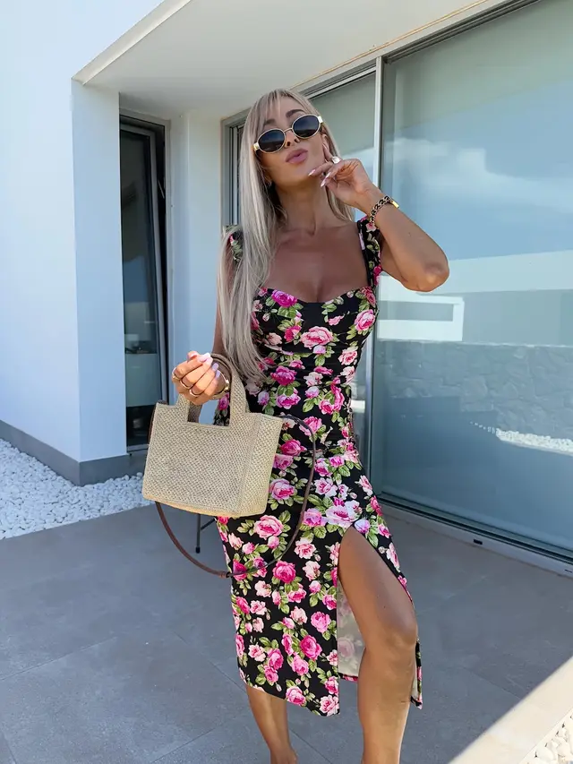 French Flower Sleeveless Split Women's Dress Black - Shop at LoveMi