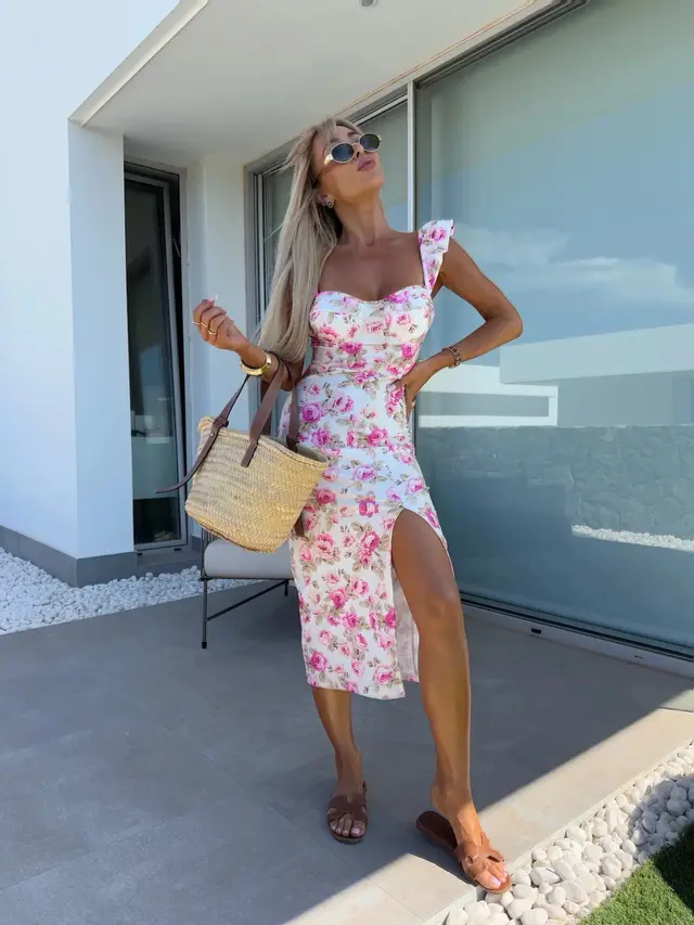 French Flower Sleeveless Split Women's Dress Pink - Shop at LoveMi