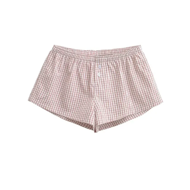 Loose Plaid Wide Leg Shorts Elastic Waist Button Casual Home Hot Pants Pink - Shop at LoveMi
