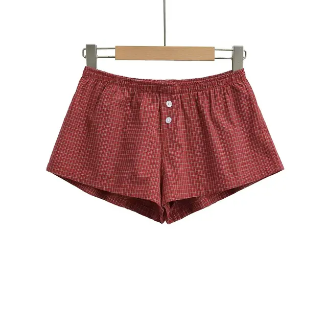 Loose Plaid Wide Leg Shorts Elastic Waist Button Casual Home Hot Pants Red - Shop at LoveMi